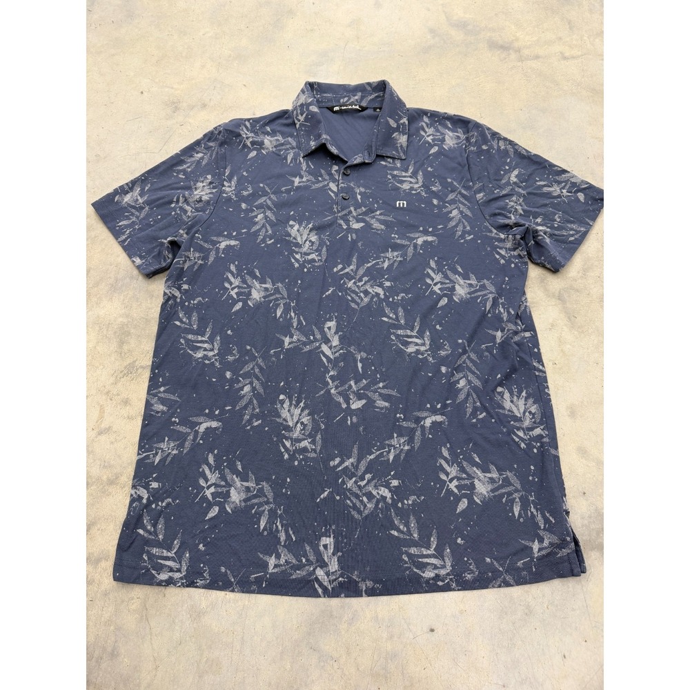 Travis Mathew Riegel Polo Shirt Men XL Navy Tropical Leaf Print Performance Golf